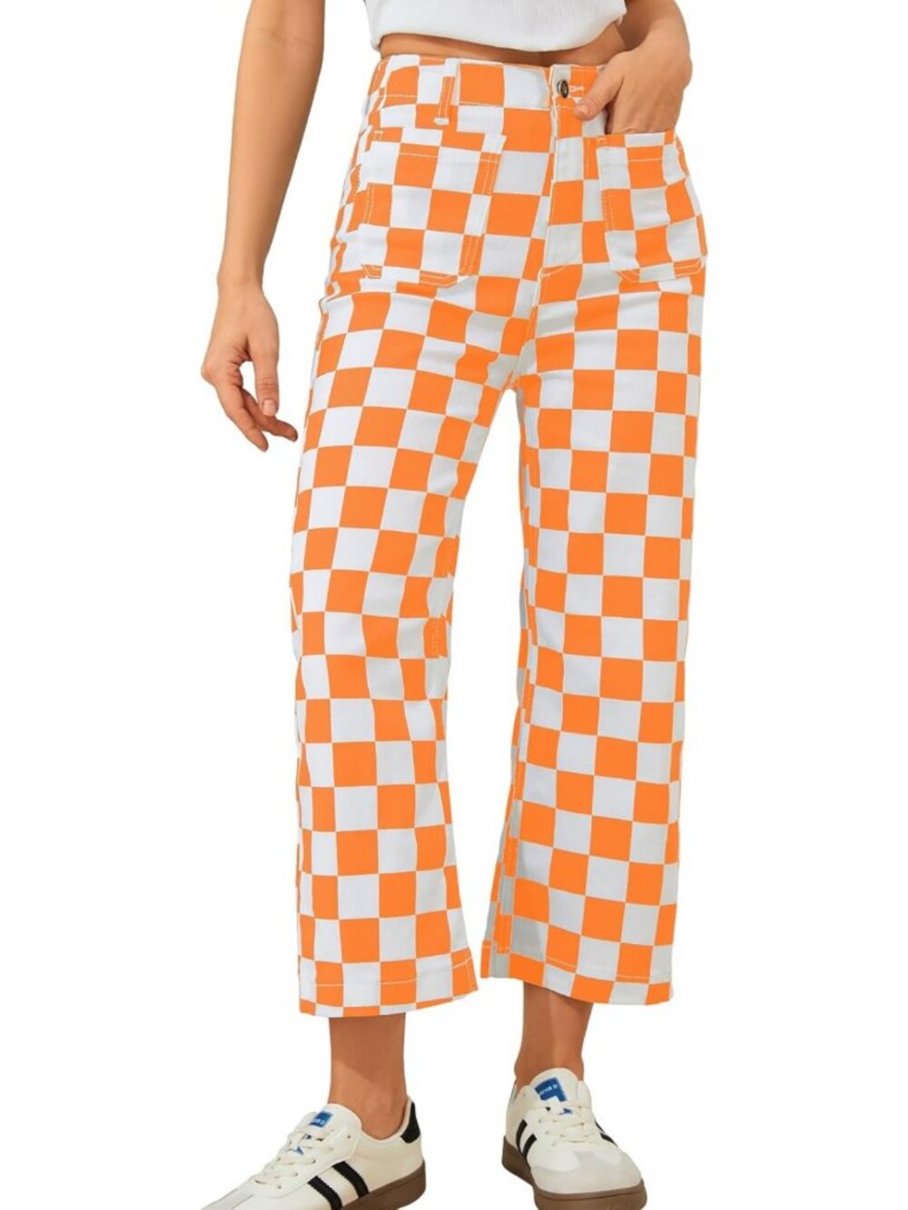High-Waisted Cropped Jeans for Women | Stretchy Checkered Casual Pants with
